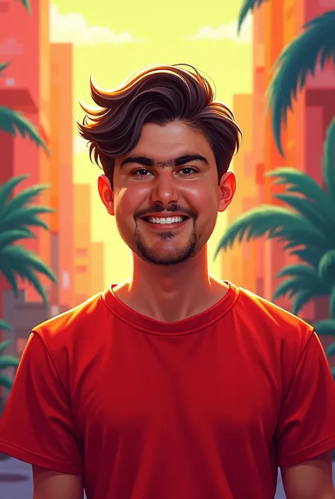 Change the background and he is smiling in red shirt 