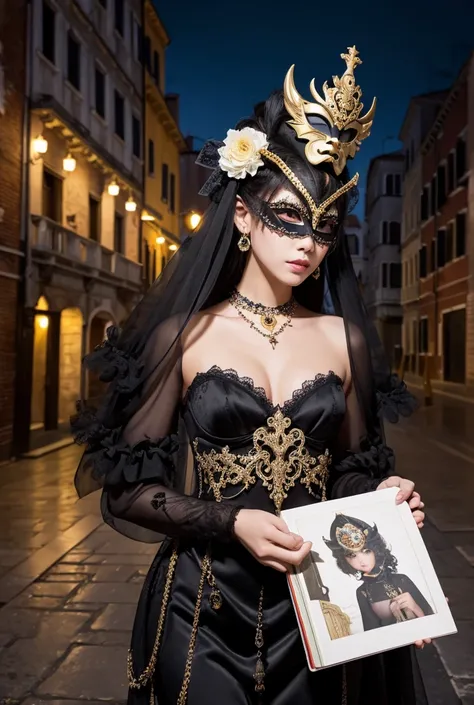 A black-decorated figure wearing a Venetian mask is placing a picture book at a dark construction site。