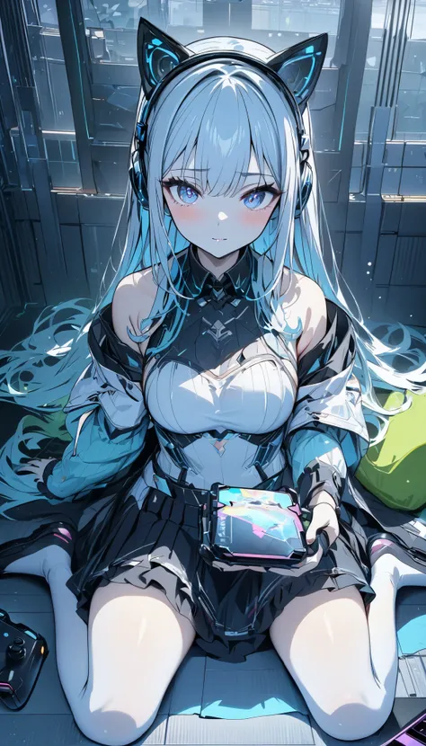 (masterpiece,  top quality  :1.2,超 high res, Detailed description 、  high detail 、correct、  high res )、 One Girl 、 wariza、Gaming PC、Holding a controller、Cat ears headset、 playing games in the room