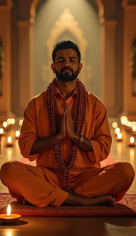 A devotee wearing a garland (mala), sitting cross-legged in a meditative posture, chanting sacred mantras. The atmosphere is serene, with soft golden light from a diya (oil lamp) illuminating the surroundings. A simple temple-like background adds to the sp...