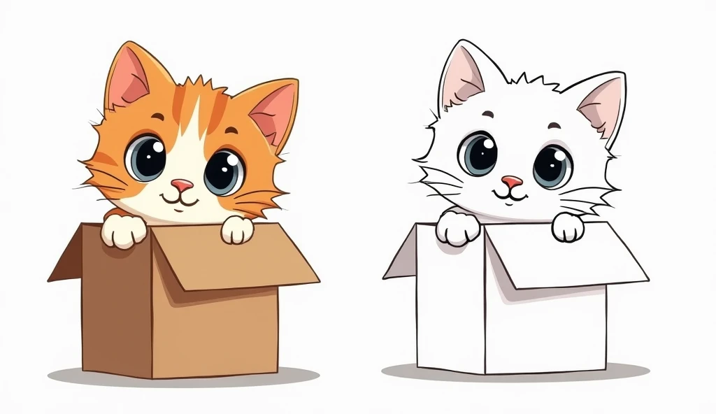 Generate an image with a colored illustration of a curious kitten peeking out of a box on the left side, and the same illustration in a black-and-white outline on the right side. Include big, wide eyes, tiny paws, and playful whiskers to enhance the image....