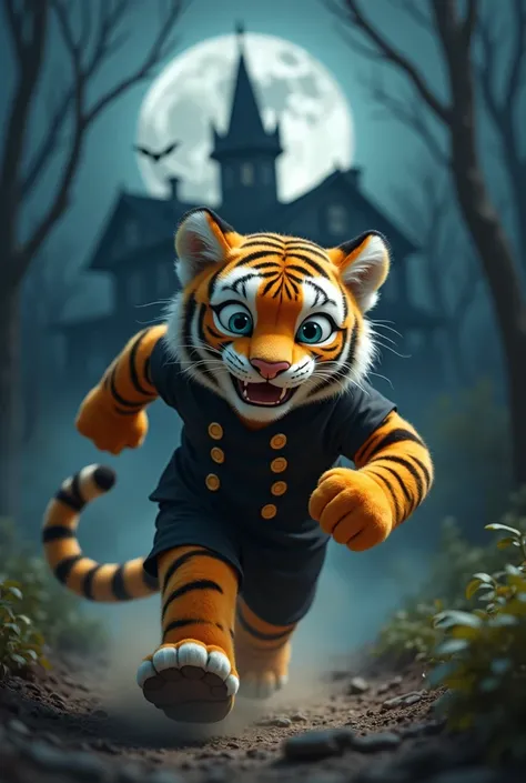 "The fluffy tiger, now terrified, is sprinting away from the mansion with all his might. His watchman uniform is flapping in the wind, and his soft, fluffy fur is bouncing as he runs, his paws kicking up dirt. The tiger’s big, wide eyes are filled with pan...