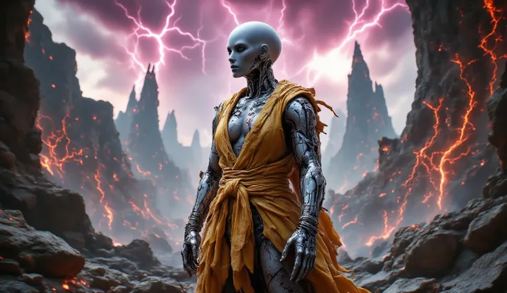 Panoramic view, full body shot, Female mechanical android, yellow shaolin Monk clothes, bald, after hard battle, torn clothes, blood on face, visible neckline and some broken parts throu torn clothes, stand on ruins of city, alien planet with alien city an...