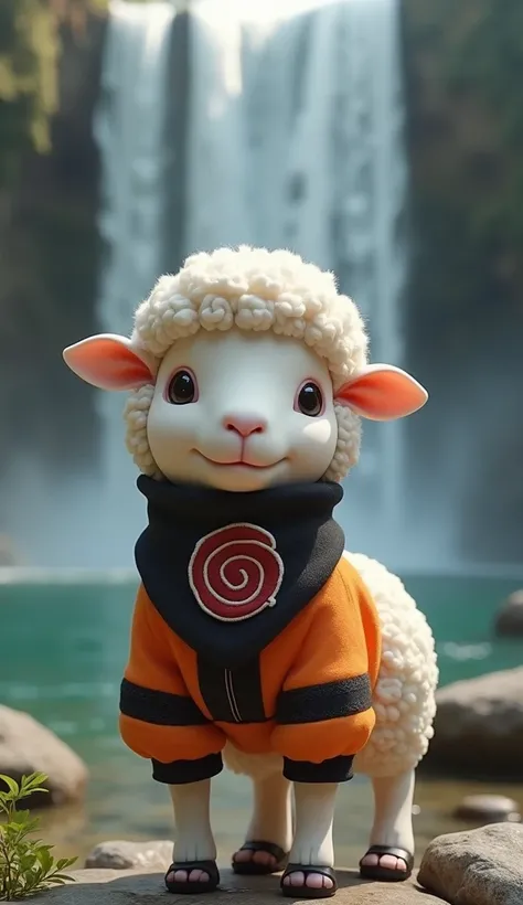 " An ultra realistic and super cute sheep ,  wearing traditional Naruto clothes ,  with the orange and black vest and the bandana with the symbol of the Hidden Leaf Village ,  creating an adorable and fun contrast .  The sheep has a curious and friendly ex...