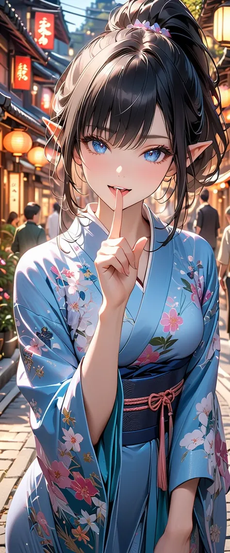 ((masterpiece)),  top quality ,  SUPER DETAILS,  high res,  Extremely Detailed CG Integrated 8K Wallpaper, HQ_HDR, ( Dynamic Angle ), ( mature body), (Very attractive high elf ), ((Delicate fabric,  walks in a beautifully designed kimono)), (Flower Street ...