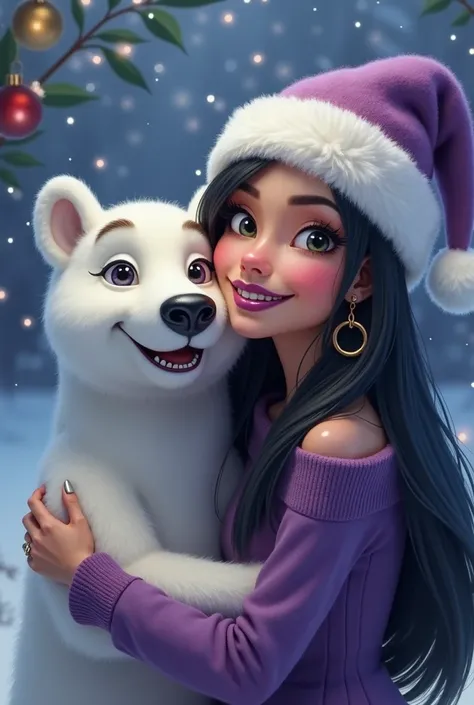 Christmas scenario with a smiling polar bear hugging a woman with straight and long black hair wearing a purple wool blouse and a purple Santa Claus hat full lips with purple lipstick smiling large eyelashes arched eyebrows black eyes large open nose with ...