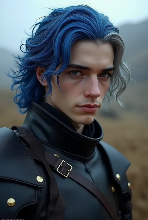 Appearance: Fair skin, long eyelashes, and a handsome face with the classic Targaryen features of purple eyes. Disguise: To conceal his identity, he dyes his hair blue with a streak of silver gold hair. With black leather armour. Medieval .