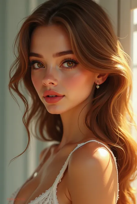  Create an image of a short woman, thin,  with a thin waist ,  defined body,  light brown eyes , honey colored hair, wavy,  full lips , nose fine, Brown skin tone please 