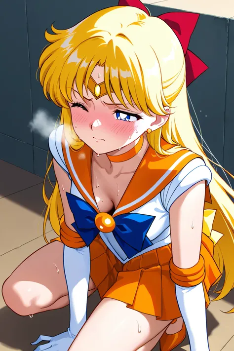 Sailor Venus is struggling in battle, gasping in pain and exhausted., bending forward and suffering、downblouse、 adult woman、hand,,fight、 Active Angles 、 dynamic composition 、aavenus, long hair, blonde hair, hair bow, tiara, earrings, blue eyes, orange chok...