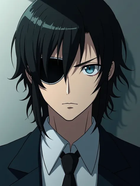 a man in suit, black hair, medium sidelocks, blue eyes , wear eyepatch cover right eye, cowboy shot, no cropping, cinematic angle, simple background, anime style