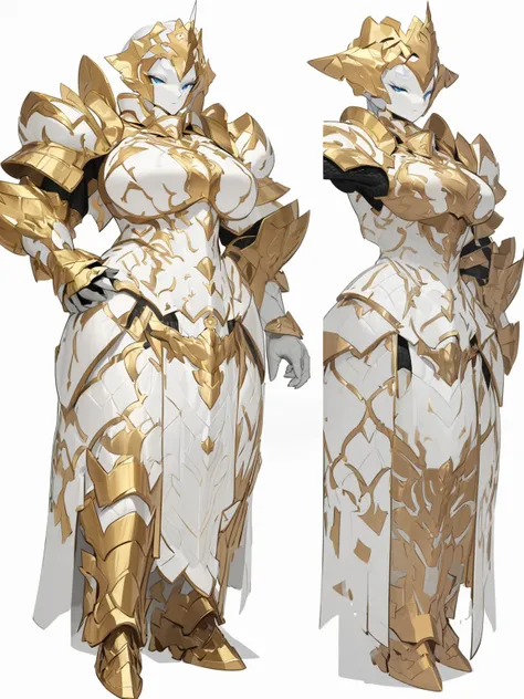 a close up of two women in armor with a white dress, heavy white and golden armor, guweiz masterpiece, glossy white armor, character adoptable, full body adoptable, thicc build, cushart krenz key art feminine, intricate white and gold armor, fullbody commi...