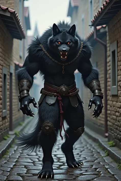 a massive black werewolf with glowing red eyes and steam coming from its mouth wearing chain armor on its chest and metal boots over its hind paws shaped like its paws. and in a medieval alley, 8k, super detail, best quality, anatomically correct, textured...