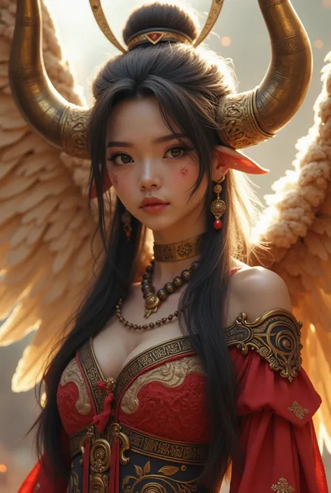 God or goddess Taurus in her left eye is the logo of her sign, her costume is themed to her sign, big wings, Japanese-style costume, elegant sword and something that she characterizes as her sign and an armor that makes her see or makes her see as a divine...