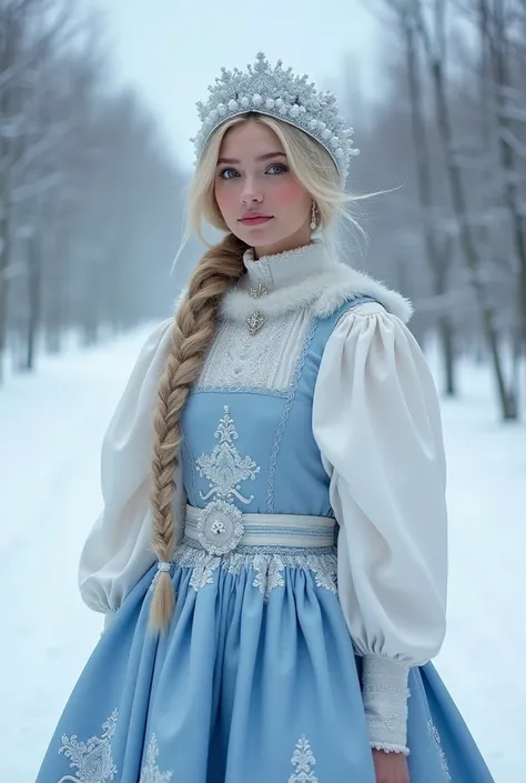 Russian folk snow maiden white-blue dress on snow, Slavic features, white-body dress, beautiful girls, tundra, white-black clothes, shiny white skin, white: 0.5, fabric, white petal, ice color scheme, 