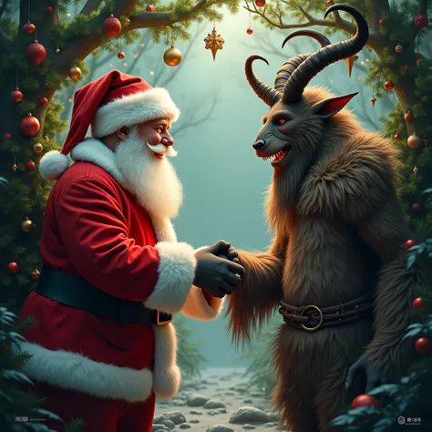 Photo realistic, the santa clause and the krampus, theyre shaking hands together,both of them are smiling big can see their teeth,in the middle of pagan tree .