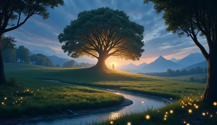 A peaceful meadow at twilight, with a massive tree glowing softly from within. Fireflies float through the air, and a small stream reflects the colors of the sunset. In the distance, ethereal mountains glow faintly, adding a sense of magic and tranquility.