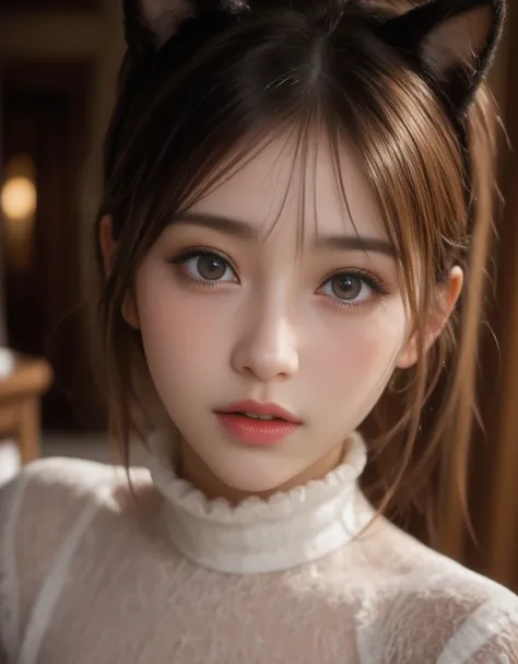 cat ears、  raise your face、(((  sleeps in bed)))、 thick white turtleneck  、  beige fluffy flared skirt、   charming,    cute girl,  ponytail、  ((    Delicate Facial Features  ,  eroticism)),   Dramatic lighting    ,   realistic  , 8k,     Intricate and elab...