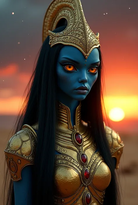 Create a hyperrealistic, dark fantasy portrait of an alien woman wearing intricately detailed golden armor.  Her skin is dark blue with a subtle, shimmering scale-like texture.  Her large, oval eyes are a vibrant orange with realistic light reflections.  L...