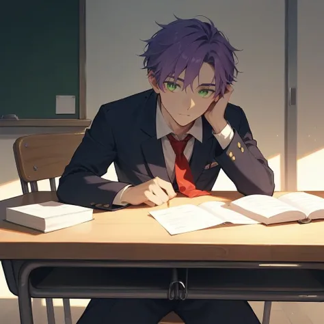 A melancholic anime-style scene featuring a male character with short, messy dark purple hair, resting his head on a wooden school desk. His expression is calm yet introspective, with green eyes gazing off thoughtfully. The character is wearing a dark scho...