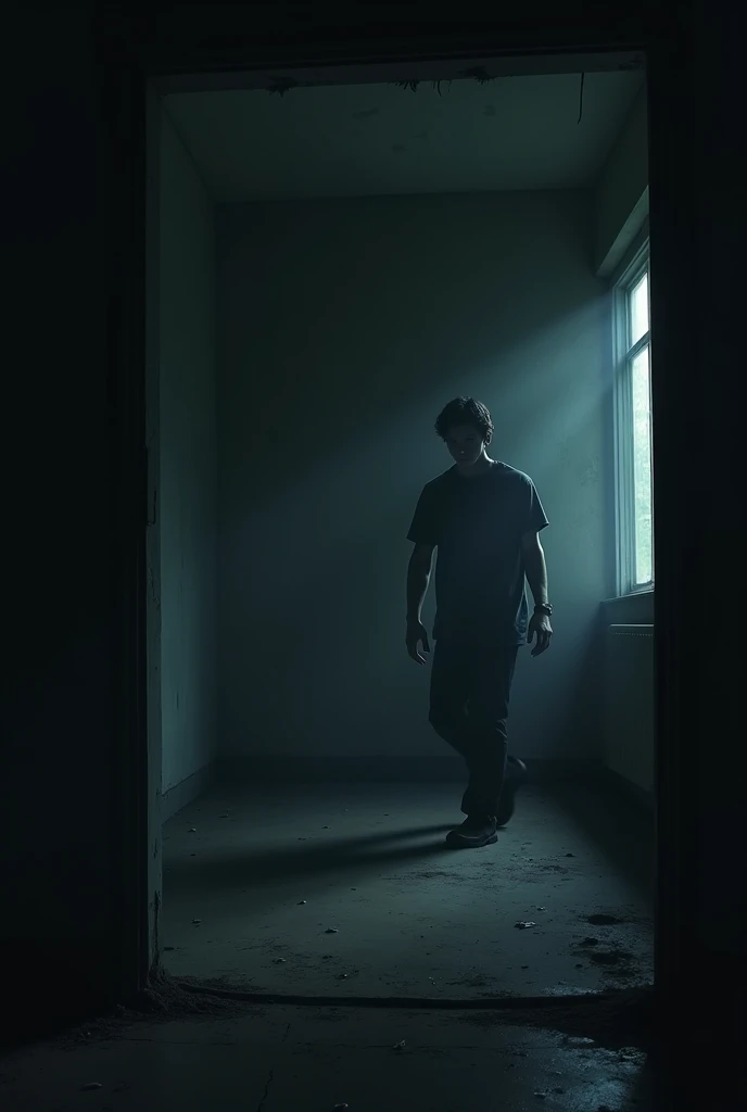 A dark, empty room, a young man turning around in panic, finding no one, the atmosphere silent, tense, and full of dread, shadows playing tricks on the walls.