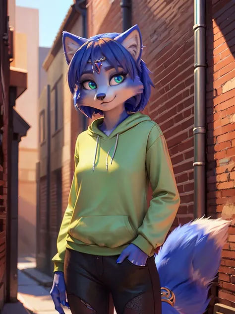 ((krystal)), Star Fox-Krystal, lovable, green eyes, (((  Long blue hair 1  .3))), Decollete, anthro, blurred,  detailed Fluffys fell,   detailed face , (Fluffy),   1 girl, ,woman, Goth, green eyes, Undercut, Ultra-realistic 8k CG  ,   masterpiece, ((  ultr...