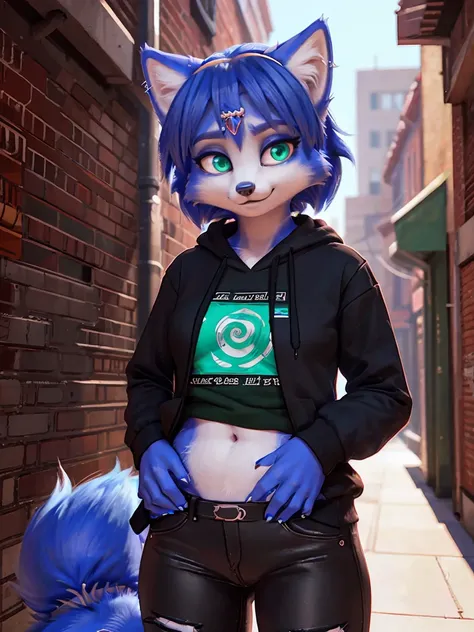 ((krystal)), Star Fox-Krystal, lovable, green eyes, (((  Long blue hair 1  .3))), Decollete, anthro, blurred,  detailed Fluffys fell,   detailed face , (Fluffy),   1 girl, ,woman, Goth, green eyes, Undercut, Ultra-realistic 8k CG  ,   masterpiece, ((  ultr...