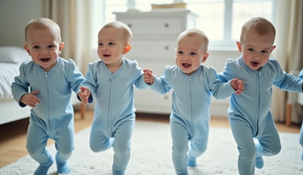 The image shows a group of six baby boys running in a line. They are all wearing light blue onesies and are holding hands. The boys are all facing the same direction and appear to be in mid-stride. The background is blurred, but it appears to be a room wit...