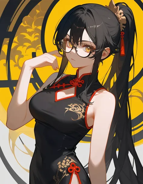 alone,girl,Black blonde hair,Bangs,girlบาร์, ,สวมRound glassesดำ,Long hair,Black hair ends, in golden bronze eyes,Black hair ends, Black Sleeveless Top, Black Skirt ,Round glasses,  Ponytail,Chinese dress,  Middle Breasts,Focus on the chest,Fierce face,Tig...