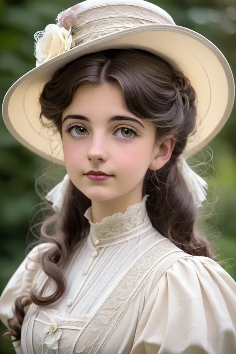 A snooty, beautiful 14yo brunette Gibson Girl in her Edwardian gown. Year 1905. White 1905_dr3ss and hat