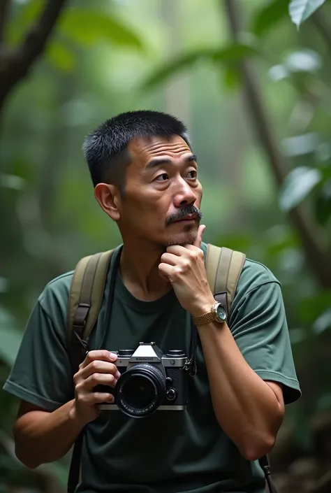 Camera with my chin and I am looking right side and background is jungle blur, my hairs are 60s crew cut black hairs 45 age and medium body and not tall 