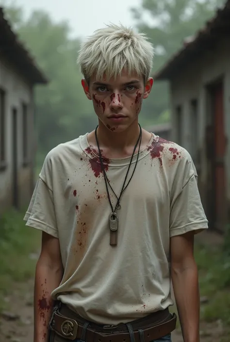 18 year old boy, tall and thin, short messy white hair, brown eyes, wearing a white loose t-shirt. With blood stains on his face and clothes. Style from the series The Walking Dead.