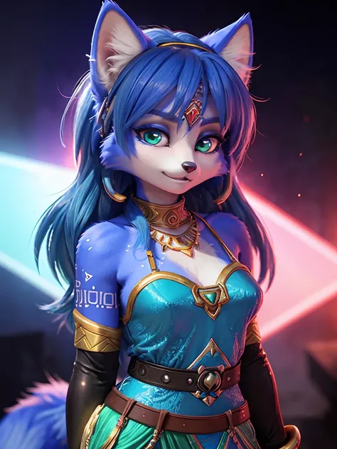 ((krystal)), Star Fox-Krystal, lovable, green eyes, (((  Long blue hair 1  .3))), Decollete, anthro, blurred,  detailed Fluffys fell,   detailed face , (Fluffy),   1 girl, ,woman, Goth, green eyes, Undercut, Ultra-realistic 8k CG  ,   masterpiece, ((  ultr...