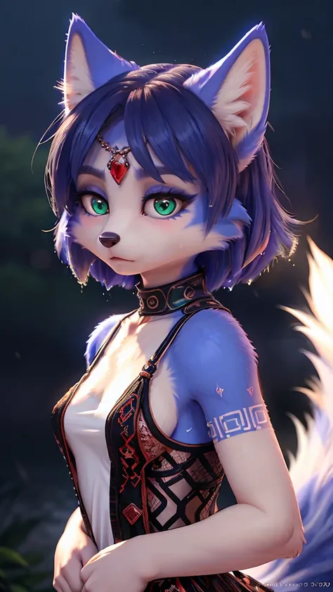 ((krystal)), Star Fox-Krystal, lovable, green eyes, (((  Long blue hair 1  .3))), Decollete, anthro, blurred,  detailed Fluffys fell,   detailed face , (Fluffy),   1 girl, ,woman, Goth, green eyes, Undercut, Ultra-realistic 8k CG  ,   masterpiece, ((  ultr...