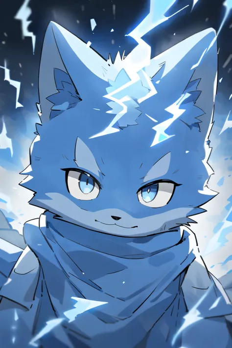 A Cute Blue Wolf Wearing A Light-Blue Scarf, With A Blue and White Eye, With A Scarr on the white eye, And A Small Lightning Spark Aura Surrounding, Half Body picture