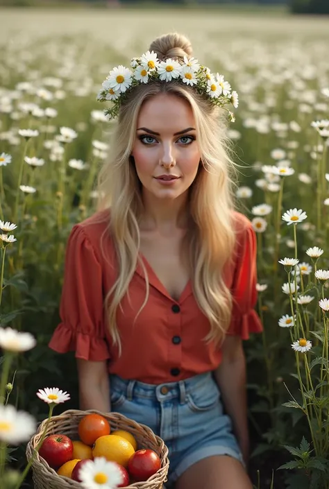 (woman:1.2),alone, (long blond hair tied with a bun:1.1), blue eyes,  wearing a crown of daisies on her head, Sit in a field of daisies, (fruit basket:1.1), blue shorts,  red shirt,,CRU,photographic,Shadow photo ,real,ridiculous,aesthetic,elegant
