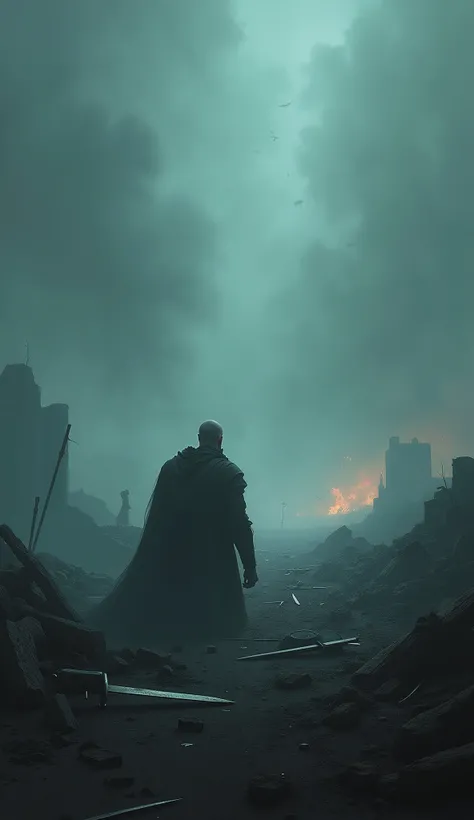 A misty battlefield at night, with broken swords, shattered shields, and flickering flames illuminating the fog, a faint silhouette of a warrior kneeling among the ruins.”