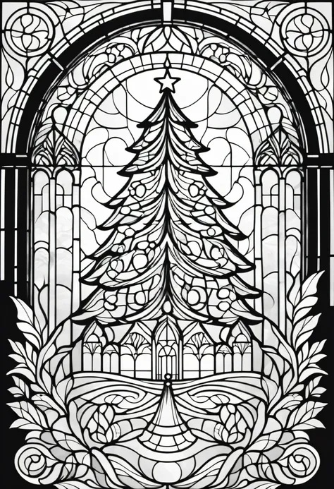 simple line art, black and white, Stained glass design, without colored glass, composed only of lines, The theme is ‘christmas’,