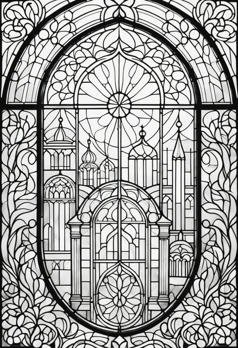 simple line art, black and white, Stained glass design, without colored glass, composed only of lines, The theme is ‘christmas’,