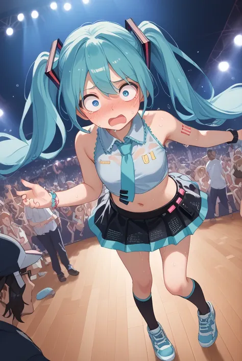 Hatsune Miku, performing on stage, wet, shocked expression, midriff-baring top, mini skirt, waterfall coming from above, water hitting her head, embarrassed expression, uncomfortable body language, sweat glistening, panties visible,  flushed with humiliati...