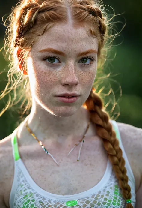 RAW Photo, close up, beautiful young girl, sexy, 34C breast, perfect body, detailed gorgeous face, freckled skin, pale skin, long hair, (((thick ginger fishtail braids))), green eyes, wearing deep v white sports bra, detailed and intricate, cinematic light...