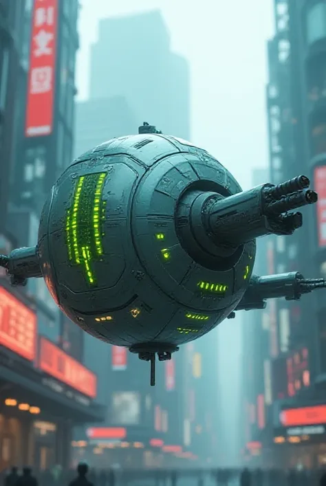 Sphere drone/ Hi Tech/ Mecha/ floating/  Equipped with side laser cannons/ Fluorescent green display /realistic/ 8k / cyberpunk/  high definition / Army/ 