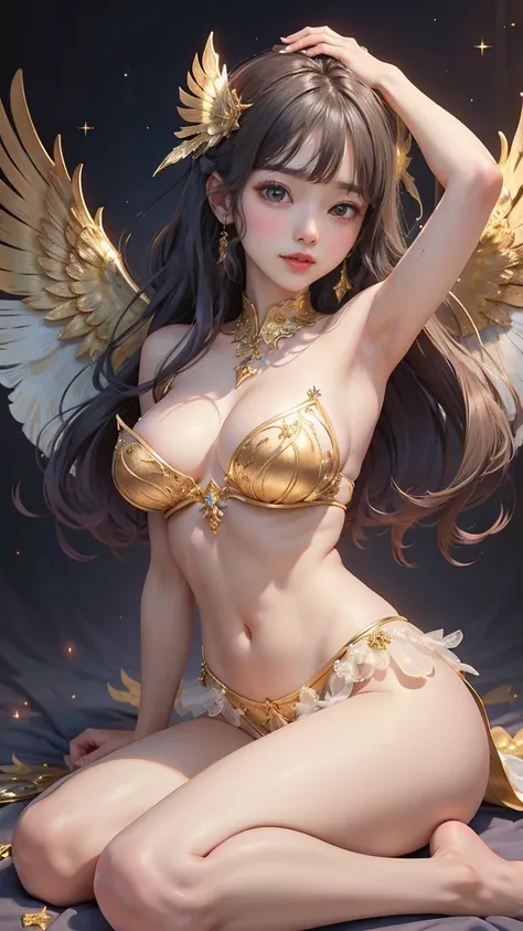 ( masterpieces ,  Best Quality,  1 girl ,  alone,  Intricate detail , Color distortion),  . Fairies in a light and elegant dress. Embellished with gold and sparkling crystals., Miniature panties that barely close ,  with feathered wings spread on the back....