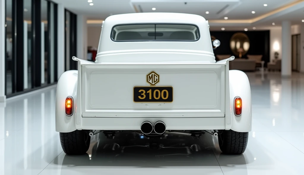 A close back view of a painted white 1950 mg zs 3100 pickup truck in a luxury bright showroom with a gleaming white floor. The truck has a sleek, shiny white color with modified backlights featuring yellow LED taillights that are turned on. A rectangular n...