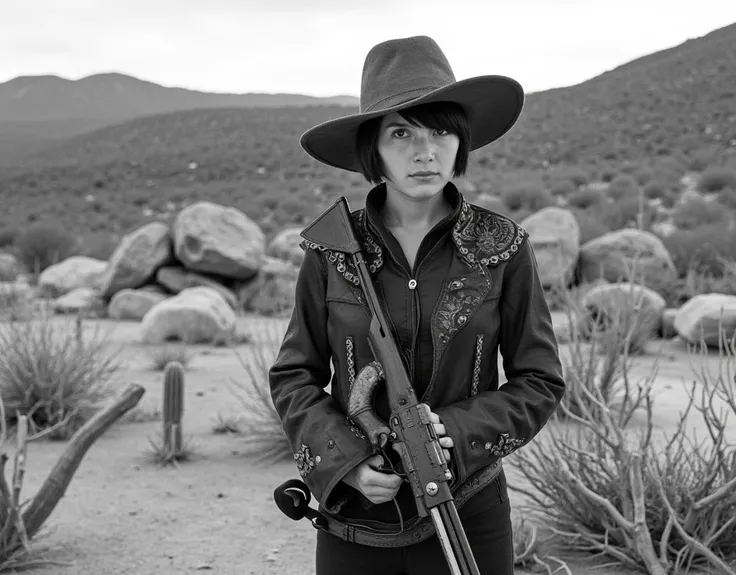 Ultra-realistic photo in Black and White, ultrawide shot,  of an enigmatic young female gunman with delicate yet masculine features, short hair hidden under her hat. Wearing an old rawhide cowboy jacket with intricate embroidery, rustic leather hat, holdin...