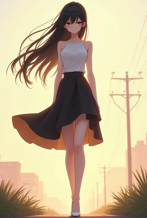 Modern anime girl, long black hair, white sleeveless t-shirt, black non-tight skirt until knees, blowed by winds, white panties upskirt, white high heels, tall, full body 