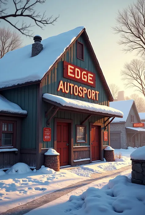 The front of a automotive garage workshop covered in snow in the late afternoon in a small town with vintage style hand painted sign that reads [Edge Autosport]