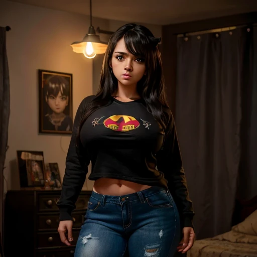 Dark nightmarish movie style, a petite cute shy innocent skinny with monstously huge fat size breasts Mexican nerdy emo teen, short volumetric hair, beautiful detailed brown eyes, cutely detailed lips, super cute highly detailed eyes and face, round shape ...