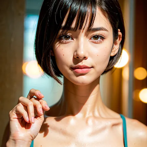 best quality, face focus, soft light, ultra high res, (photorealistic:1.4), RAW photo, 1japanese girl, solo, cute, (shy smile:0.5), (brown eyes, lights in the eyes), detailed beautiful face, (small chest),(high resolution detail of human skin texture), (sh...