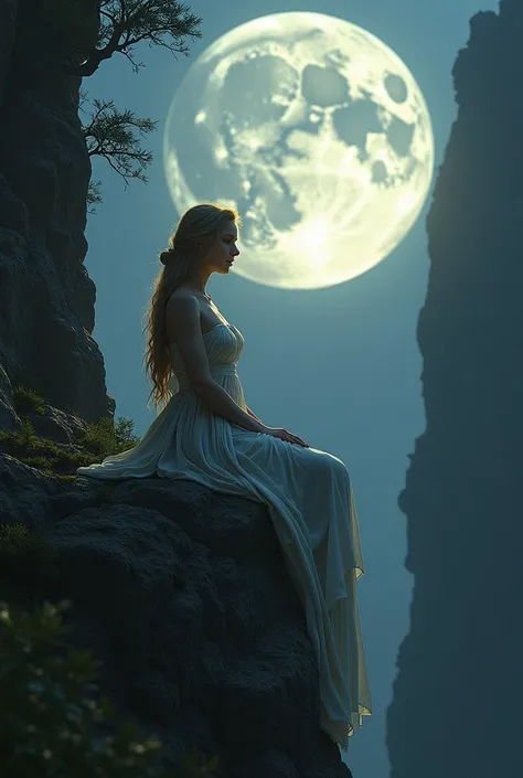 Goddess Artemis sitting on a rock at night and in front of her the moon 