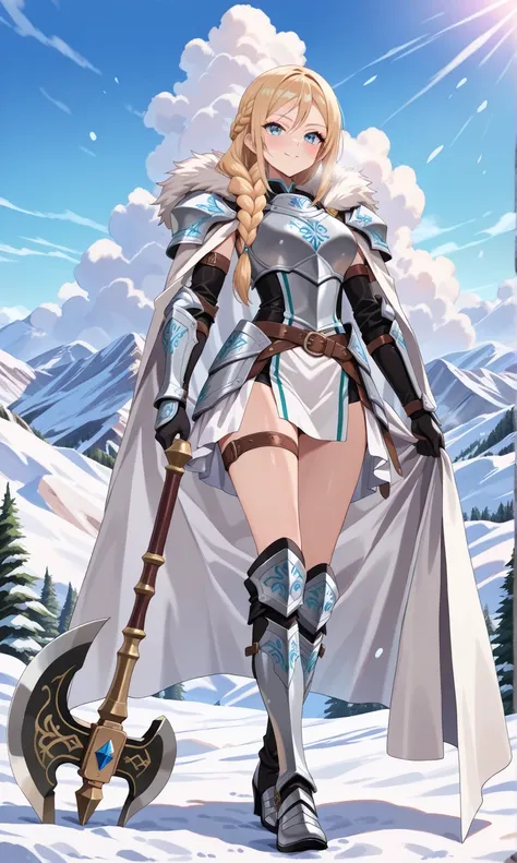 (((masterpiece, best quality, high detailed, 16k))) (1girl) A fierce and stoic Nordic warrior with long, braided blonde hair and icy blue eyes. She wears heavy armor adorned with intricate engravings and symbols of her clan, combined with animal pelts that...